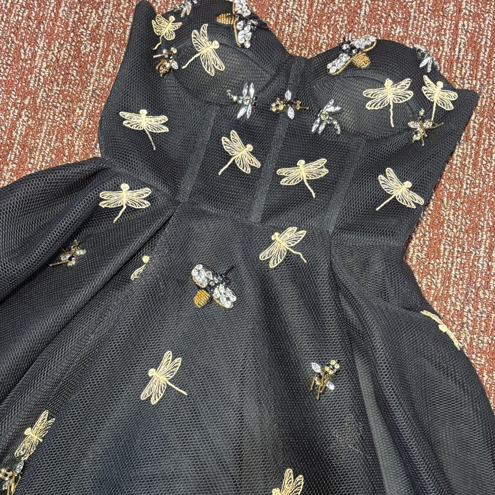 Teuta Matoshi custom Crystal embellished bee black mesh mini dress women’s XS